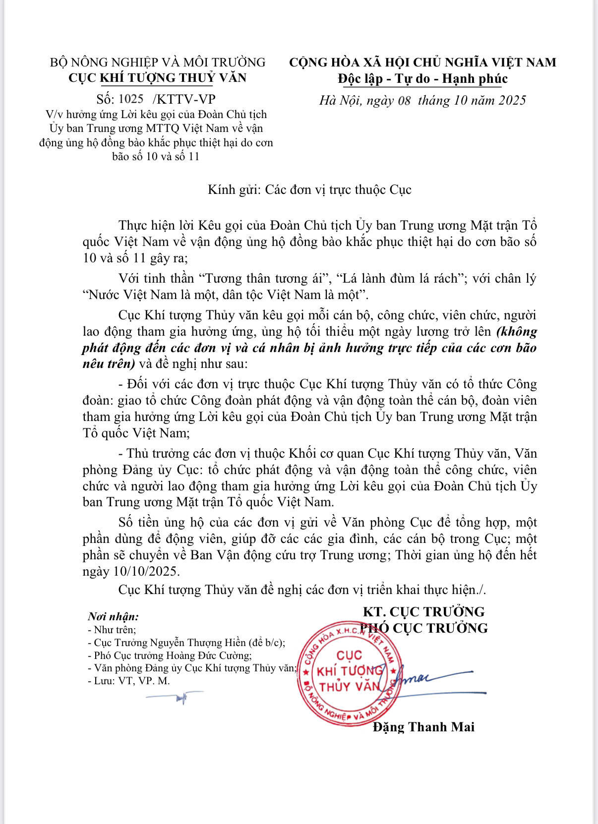 Cục KTTV vận động ủng hộ đồng bào khắc phục thiệt hại do cơn bão số 10 và số 11 
